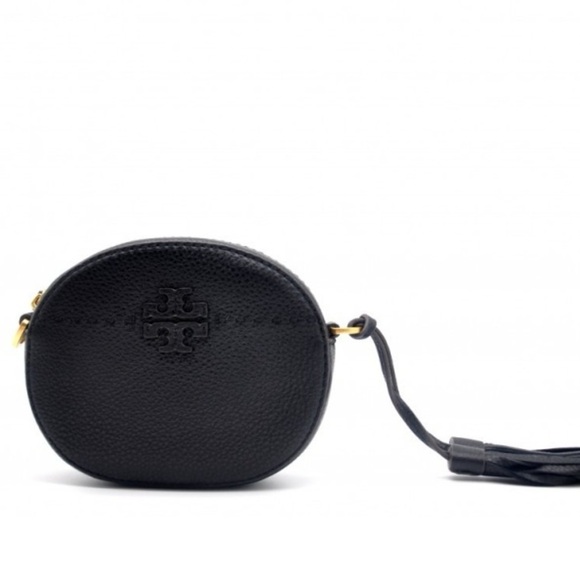 Tory Burch Round McGraw 2 Tassels Black Pebble Leather LogoCrossbody - Picture 2 of 2